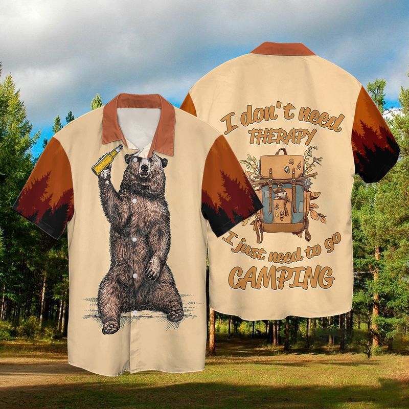 Camping The Bear With Wine I Don't Need Therapy I Just Need To Go Camping Graphic Print Short Sleeve 