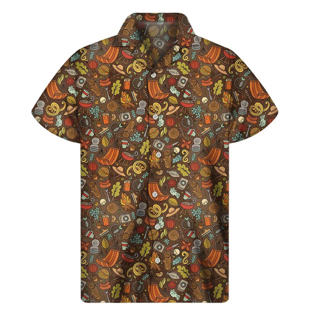 Cartoon Camping Pattern Print Mens Short Sleeve Shirt Hawaiian