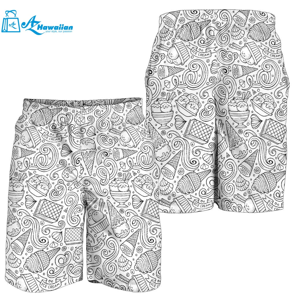 Cartoon Hand Drawn Ice Cream Black White Men Shorts