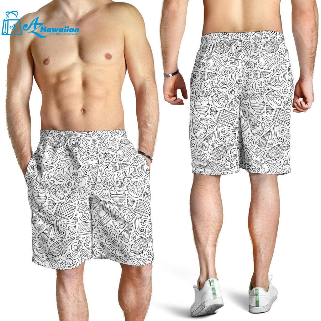 Cartoon Hand Drawn Ice Cream Black White Men Shorts