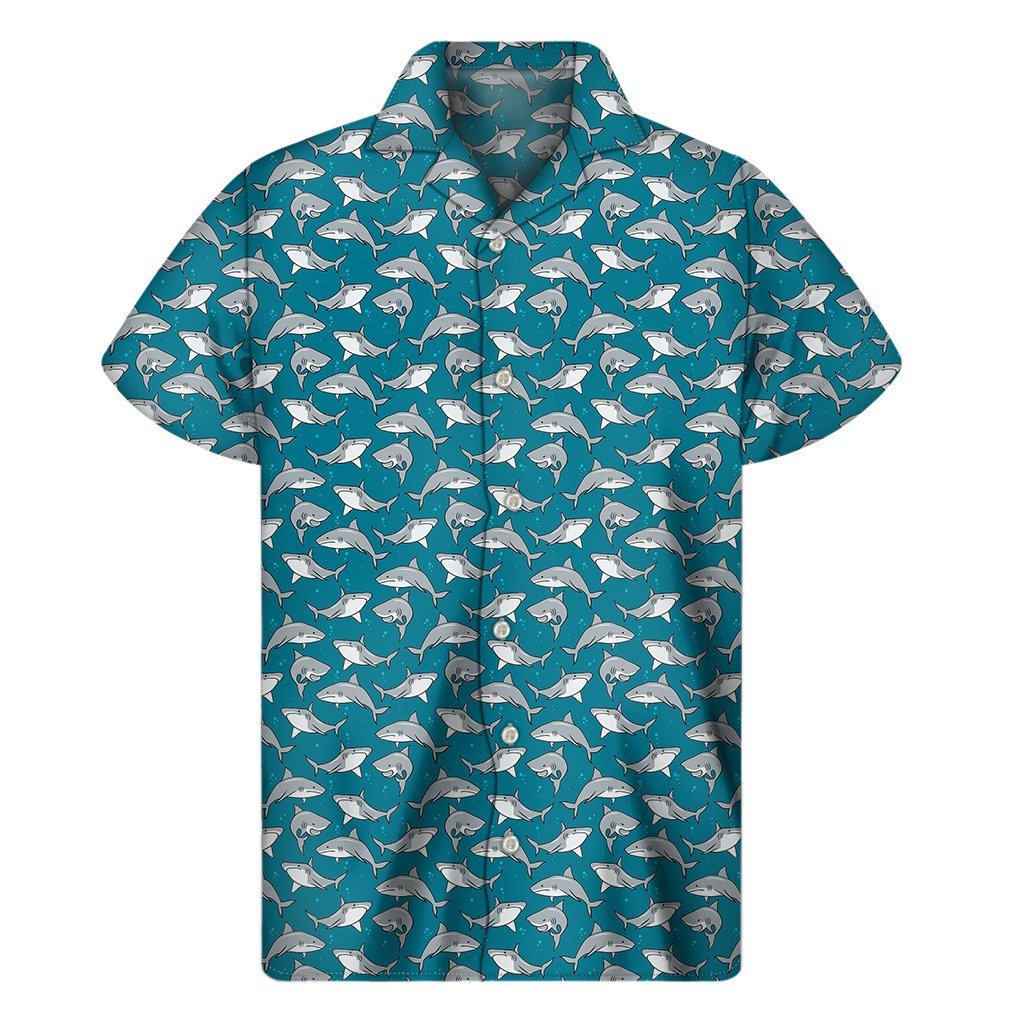 Cartoon White Shark Pattern Print Mens Short Sleeve Shirt Hawaiian