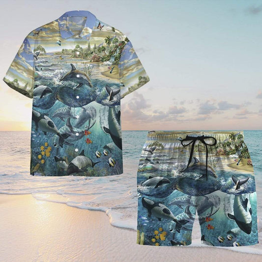 Dolphin Vintage Hawaiian Shirts Swim Trunks Beach Shorts #Dh