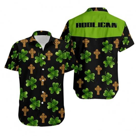 Hooligan Shamrock Irish Cross Patrick's Day Hawaiian Aloha Shirts Custom Text #DH