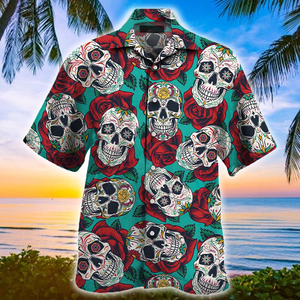 Sugar Skull With Rose Pattern Hawaiian Shirts #Dh