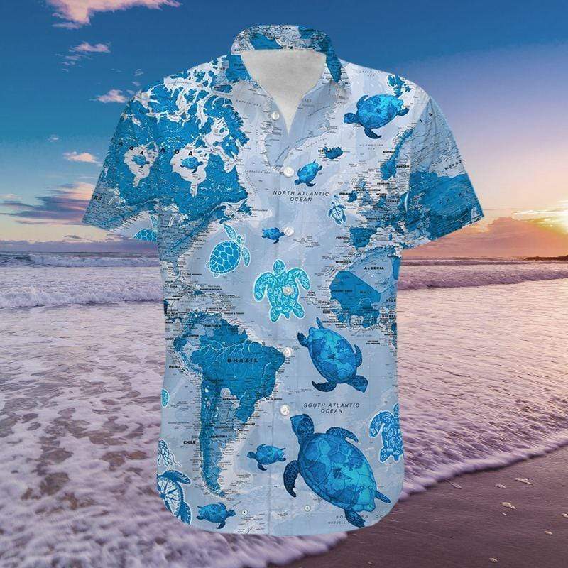 Sea Turtle Map Hawaiian Aloha Shirts 