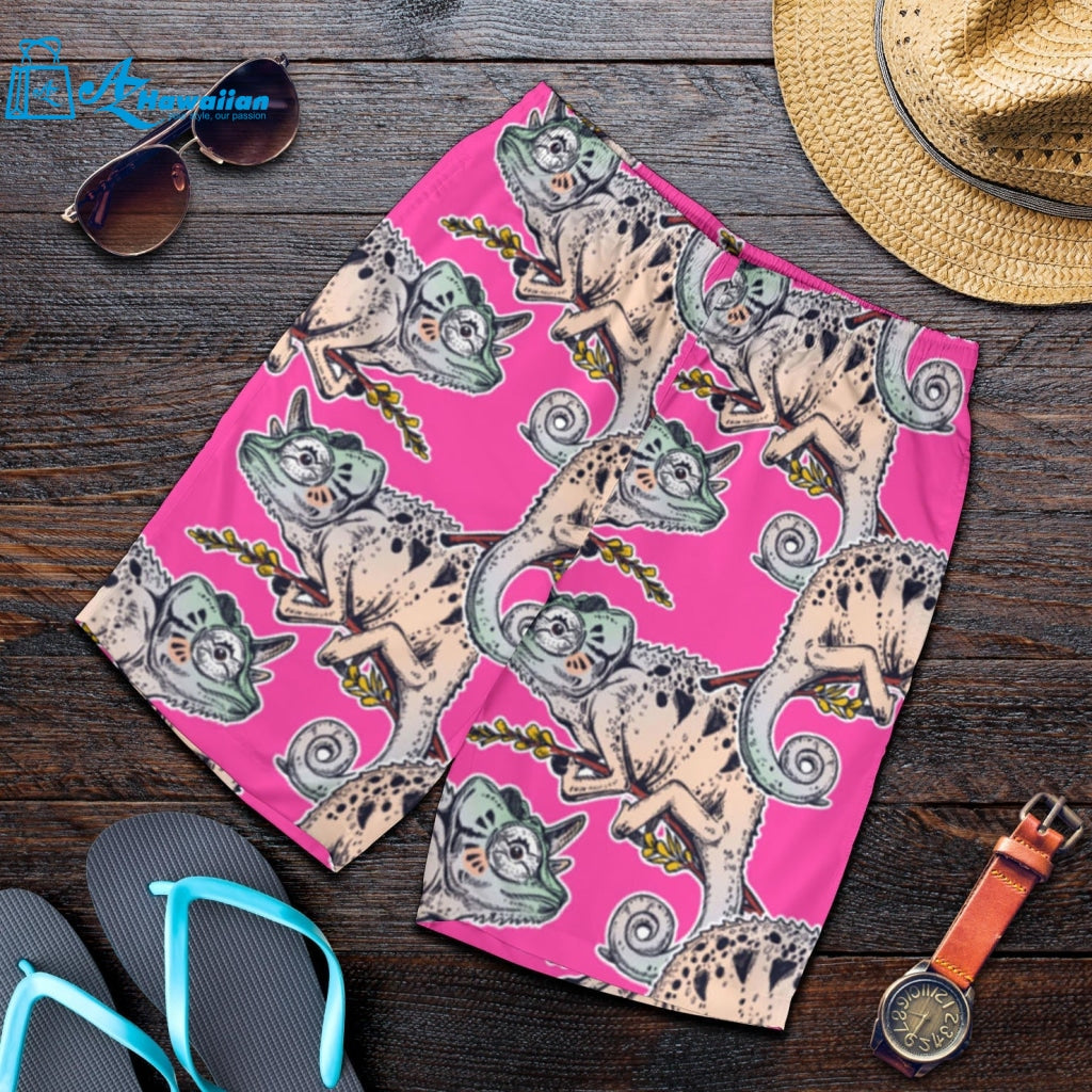 Chameleon Lizard Pattern Pink Background Men Shorts