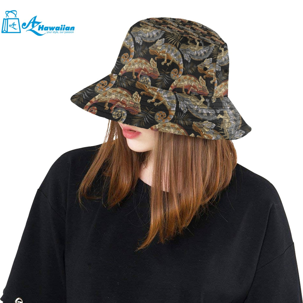 Chameleon lizard tropical leaves palm tree Unisex Bucket Hat