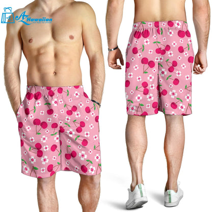 Cherry Flower Pattern Pink Background Men Shorts