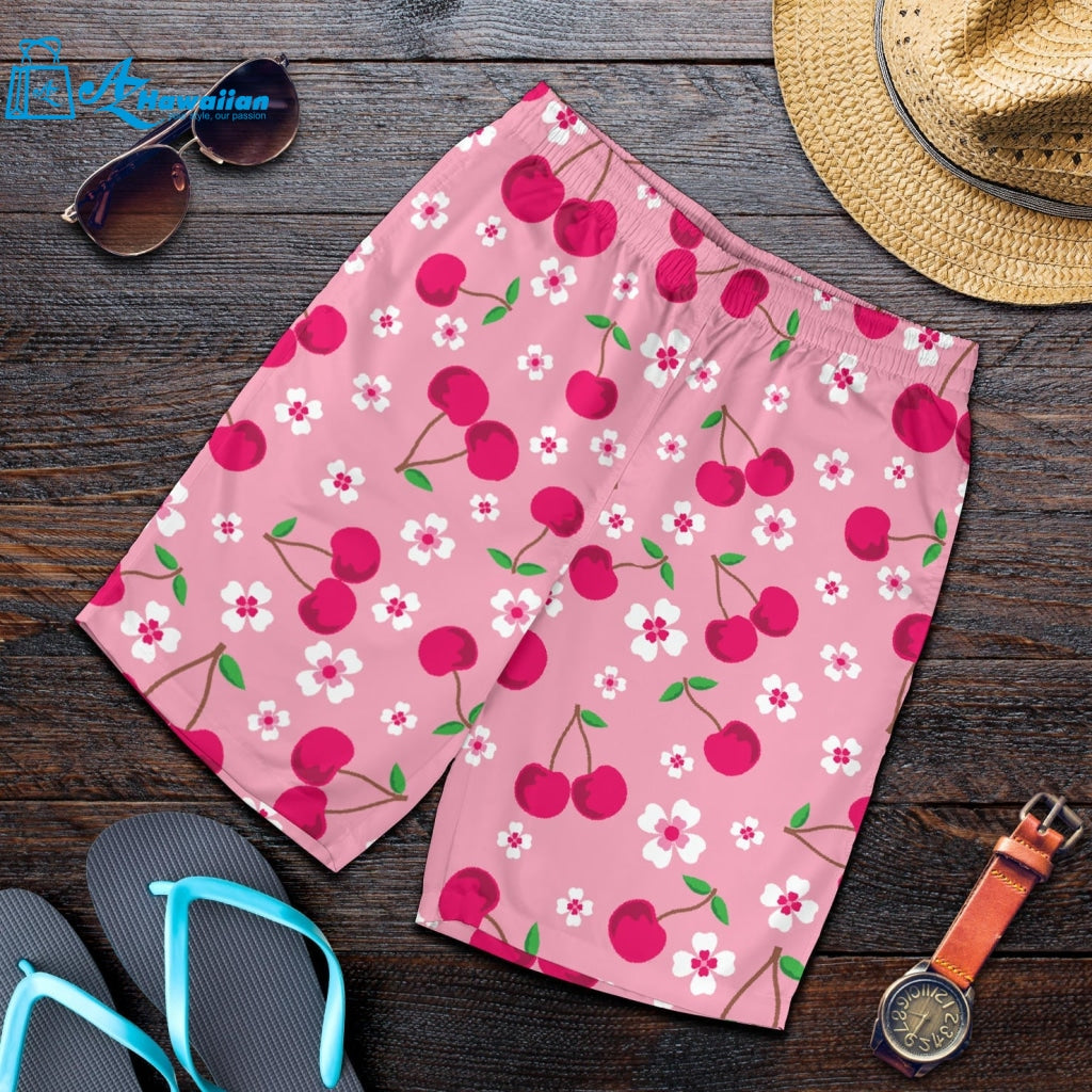 Cherry Flower Pattern Pink Background Men Shorts