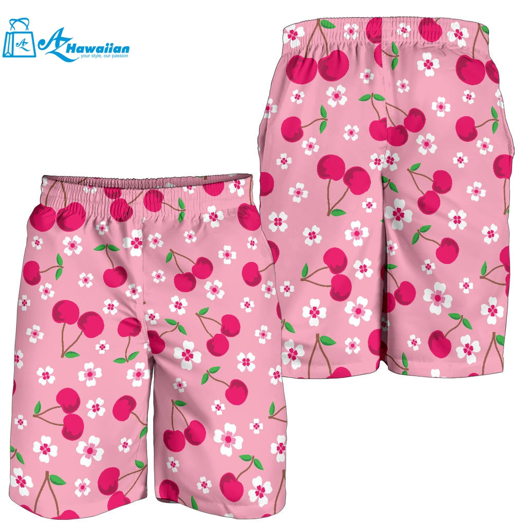 Cherry Flower Pattern Pink Background Men Shorts