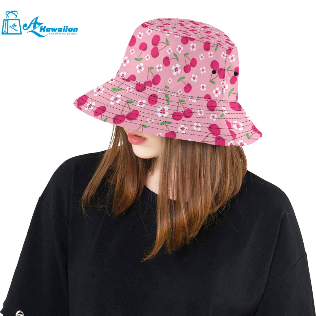 cherry flower pattern pink background Unisex Bucket Hat