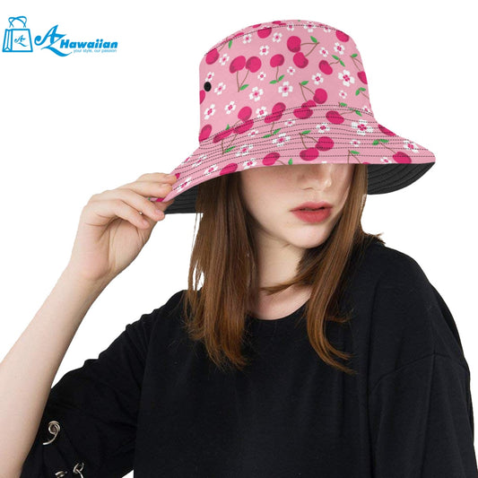 cherry flower pattern pink background Unisex Bucket Hat