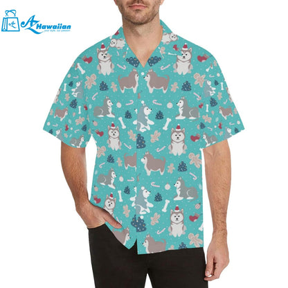 Christmas Cute Siberian Husky Puppie Pattern Mens All Over Print Hawaiian Shirt