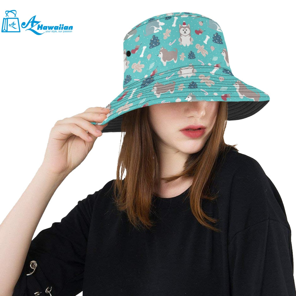 Christmas cute siberian husky puppie pattern Unisex Bucket Hat