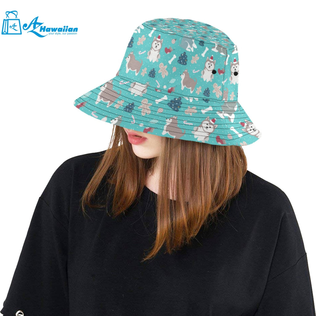 Christmas cute siberian husky puppie pattern Unisex Bucket Hat