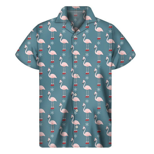 Christmas Snowy Flamingo Pattern Print Mens Short Sleeve Shirt Hawaiian