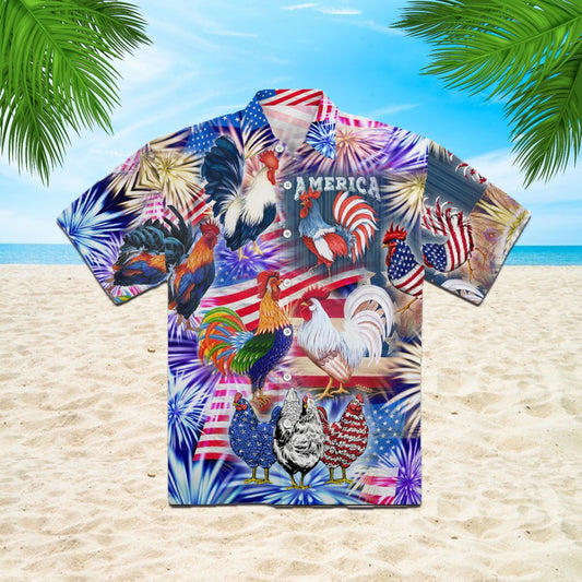 OragonTee America Rooster Chicken With Fireworks Hawaiian Shirt | For Men & Women | Adult | WT1216