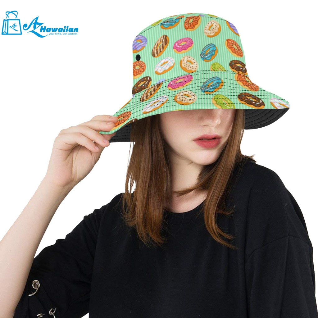 Colorful donut pattern green background Unisex Bucket Hat