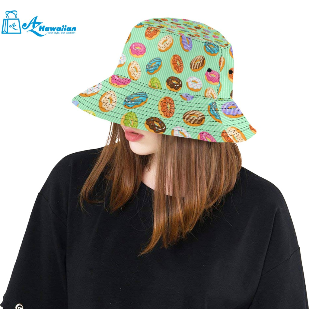 Colorful donut pattern green background Unisex Bucket Hat