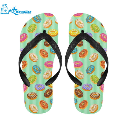 Colorful donut pattern green background Unisex Flip Flops