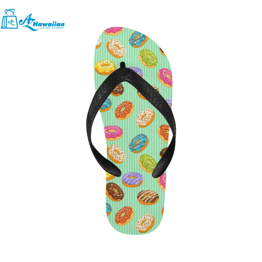 Colorful donut pattern green background Unisex Flip Flops