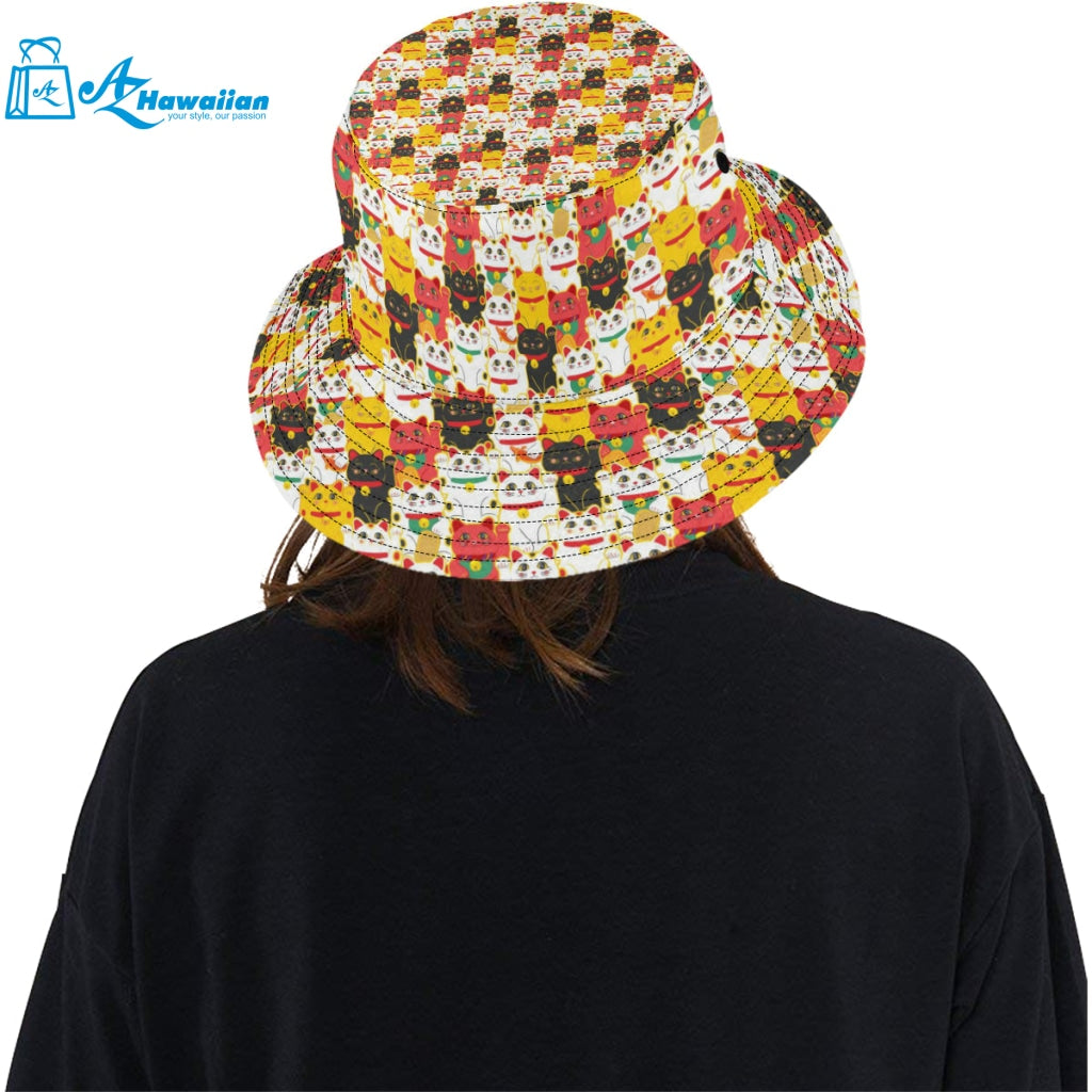 Colorful Maneki neko cat pattern Unisex Bucket Hat