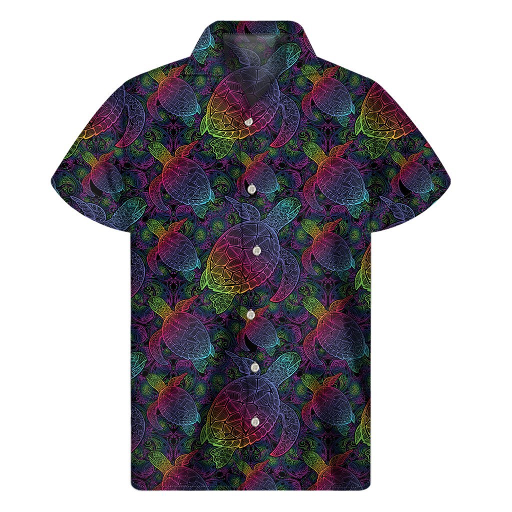 Colorful Sea Turtle Pattern Print Mens Short Sleeve Shirt Hawaiian