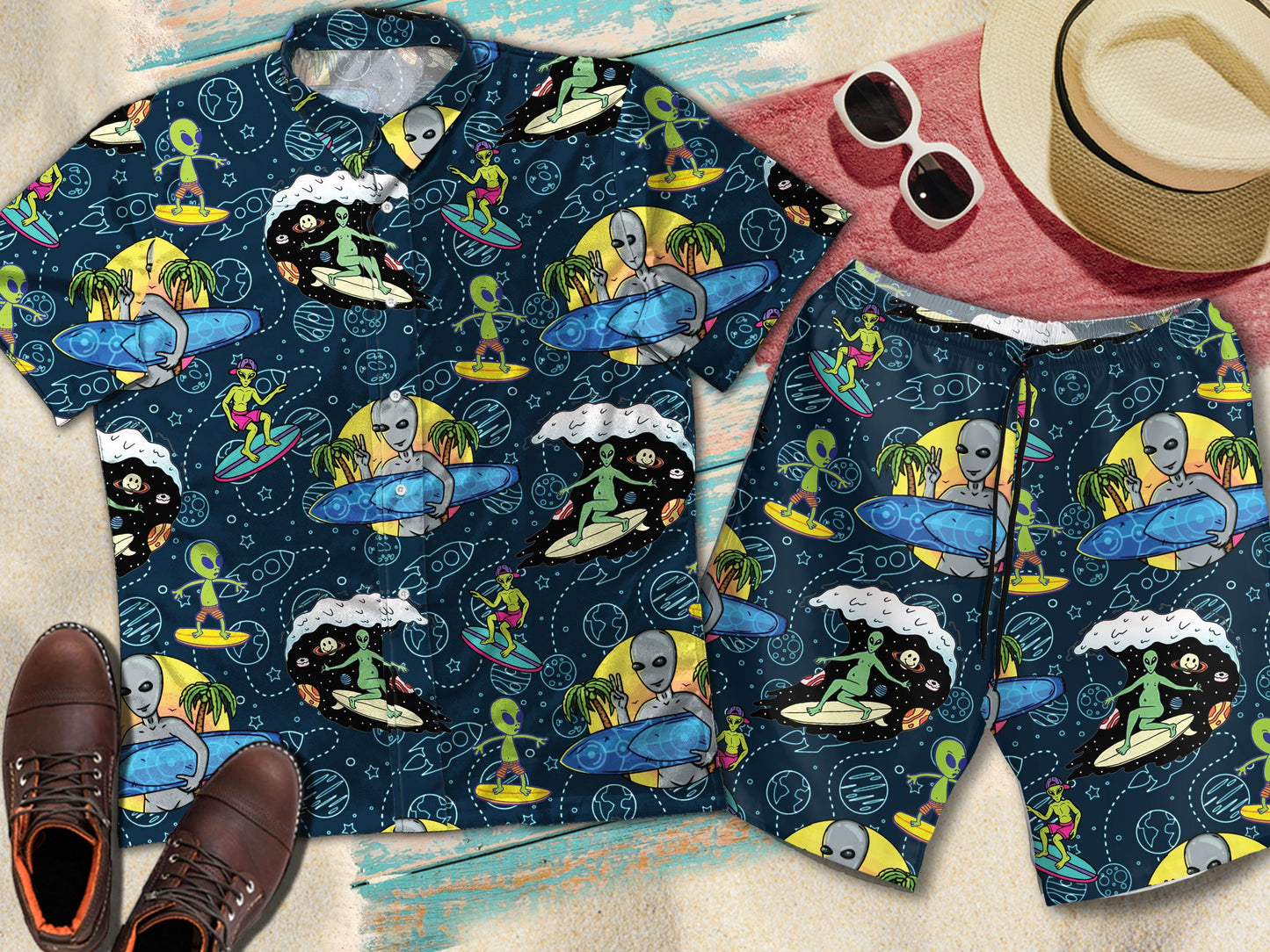 Alien Surfing Beach Summer Vintage Hawaiian Short Sleeve Button Up Shirt