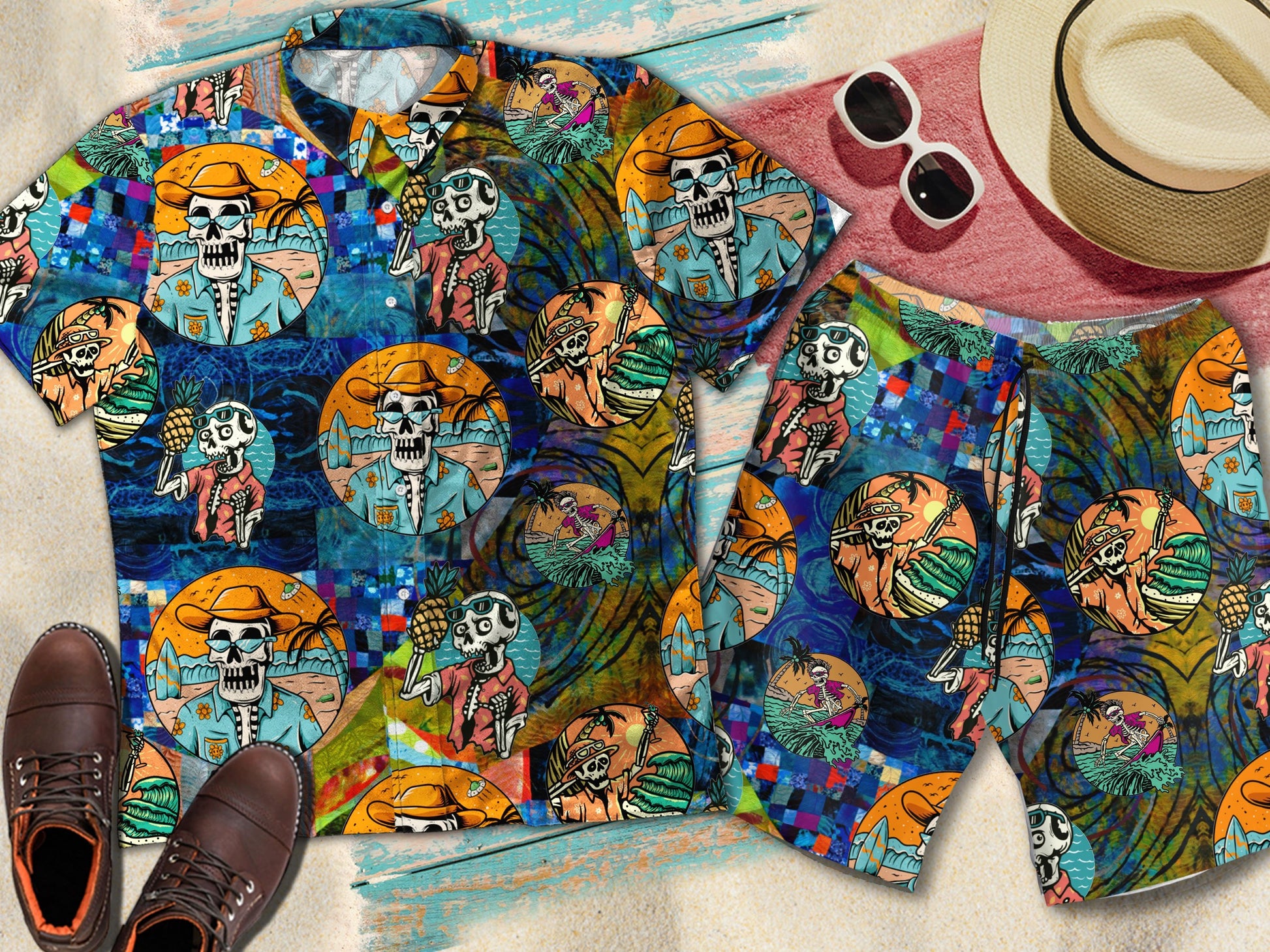 Skeleton Beach Vibe Vintage Hawaiian Short Sleeve Button Up Shirt
