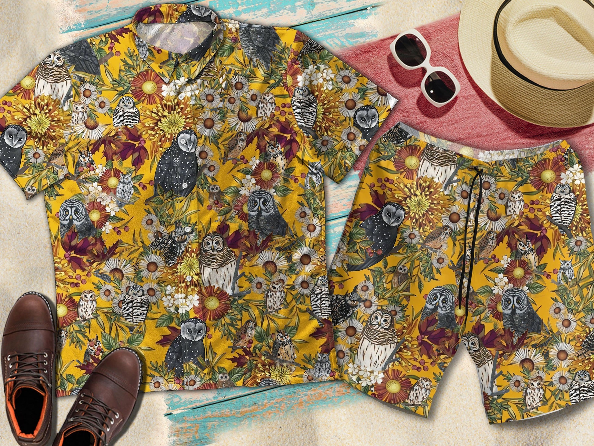 Owl On Branch Vintage Hawaiian Short Sleeve Button Up Shirt