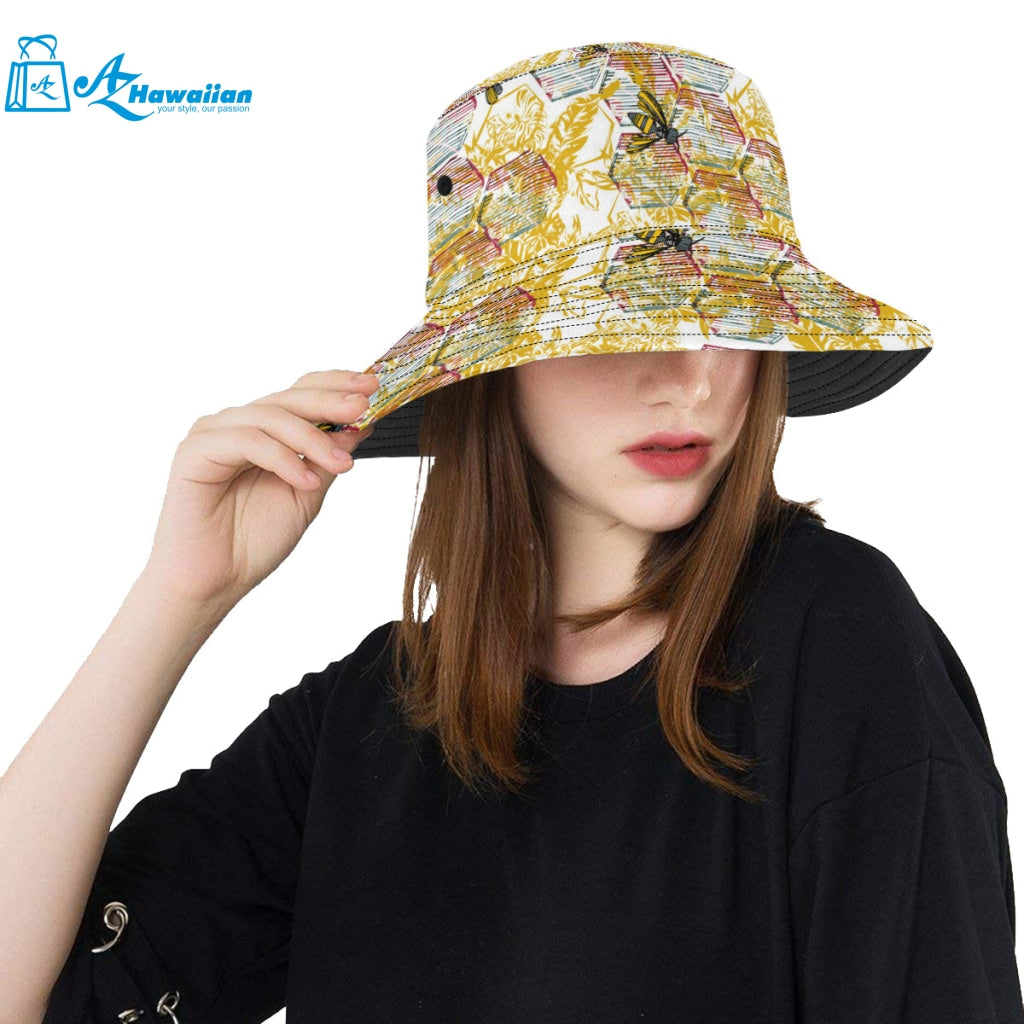 Cool Bee honeycomb leaves pattern Unisex Bucket Hat