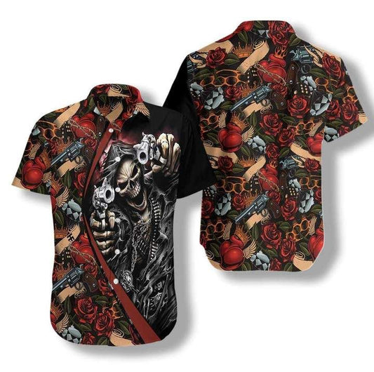 Cool Gun Skull Hawaiian Graphic Print Short Sleeve Hawaiian Shirt