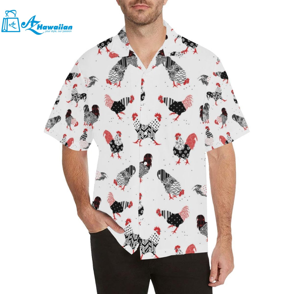 Cool Rooster Chicken Cock Floral Ornament Backgrou Mens All Over Print Hawaiian Shirt