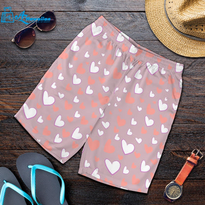 Coral White Heart Pattern Men Shorts