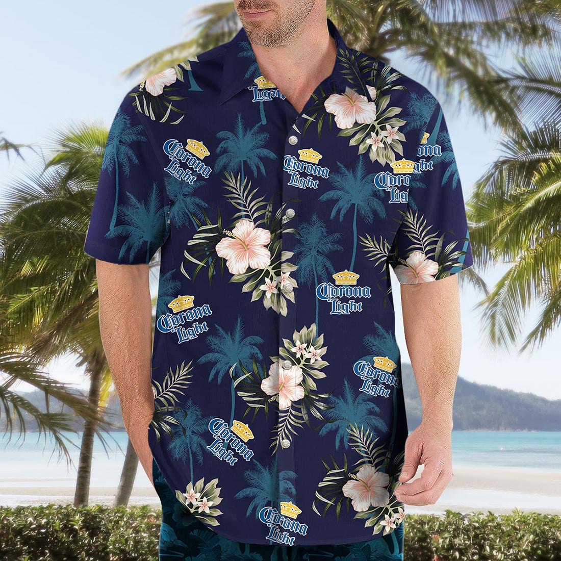 Corona Light Beer Hawaiian Graphic Print Short Sleeve 