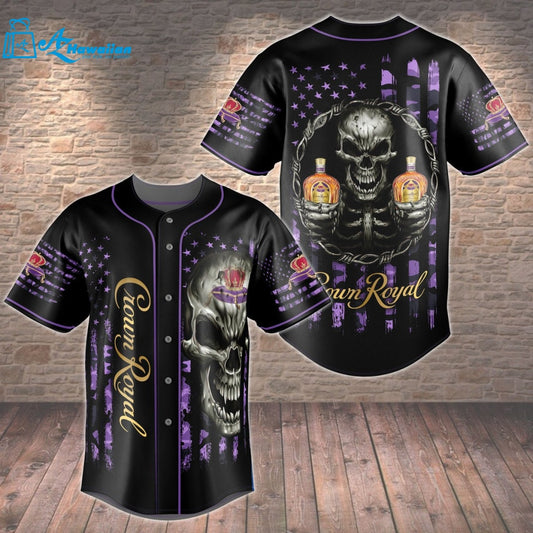 Crown Royal Smiling Skull USA Flag Pattern All Over Print 3D Unisex Baseball Jersey 