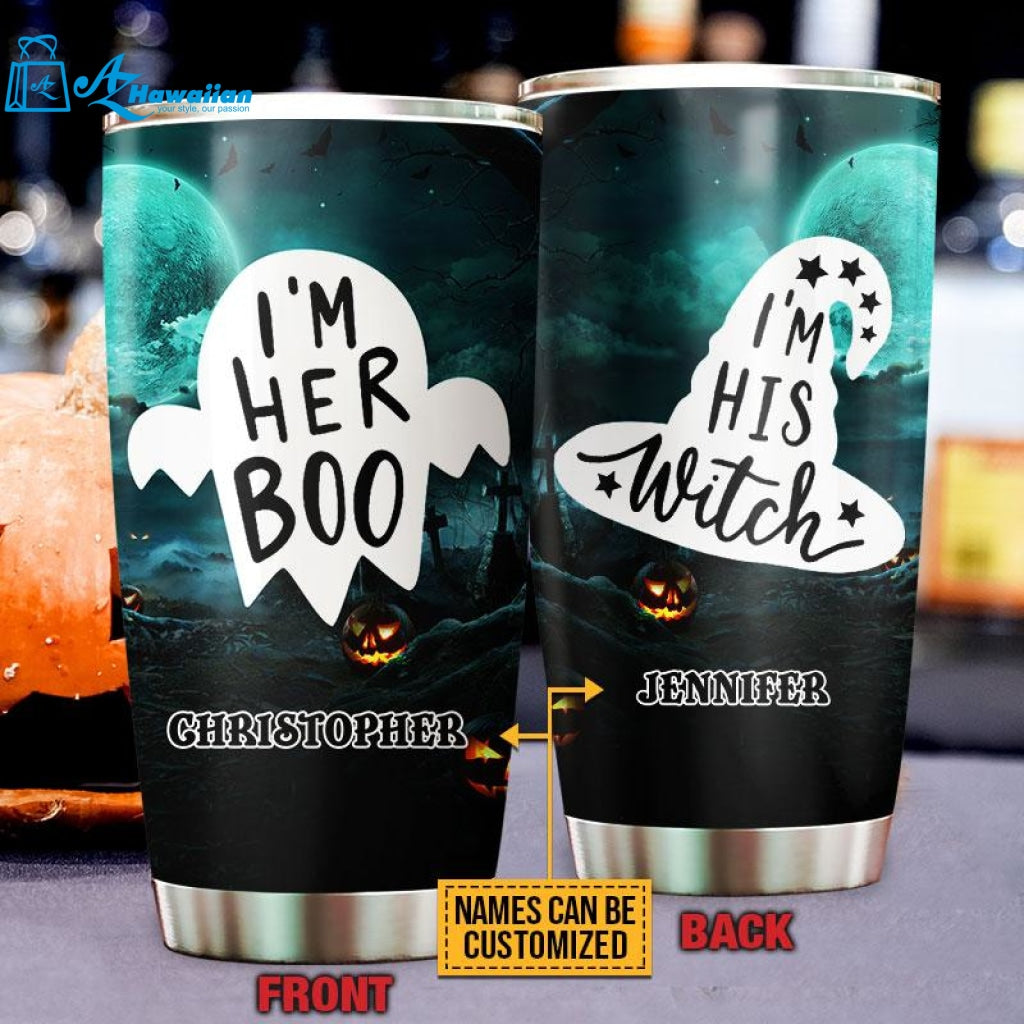 Custom Couple Names Witch Halloween I'm Her Boo Personalized Stainless Steel Tumbler, Spirits Halloween, Witch Gift, Woman Tumbler, Halloween Party