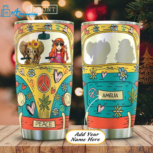 Custom Elephant And Flower Child Hippie Van Personalized 3D All Over Printed Stainless Steel Tumbler For Hippie Soul, Gift For Hippie Lover