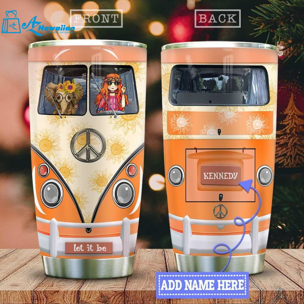 Custom Flower Child And Elephant In Orange Hippie Van Let It Be Personalized 3D All Over Printed Stainless Steel Tumbler For Hippie Soul, Gift For Hippie Lover