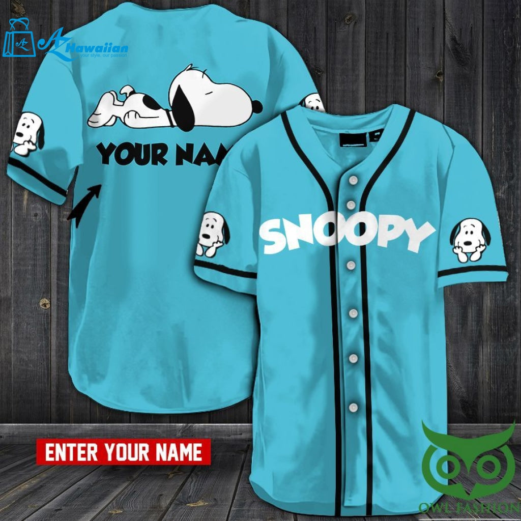 Custom Name Snoopy Blue Baseball Jersey Shirt