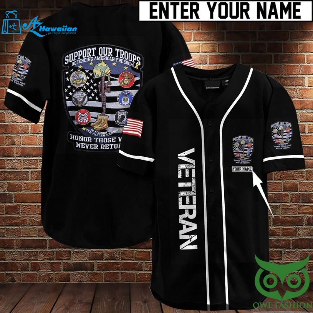 Custom Name VETERAN Logo Black BASEBALL JERSEY Shirt