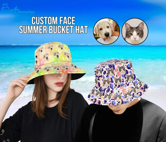 Custom Unisex Bucket Hat With Pet Face Personalize Photo Wide Brim Outdoor Summer Cap Hiking Beach