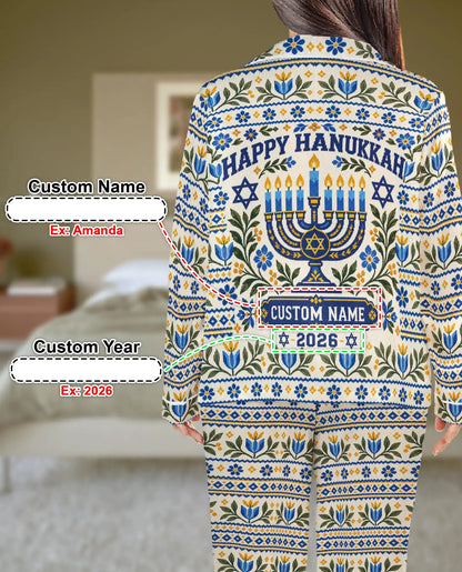 Personalized Floral Hanukkah Pajama Set for Women – Custom Name & Year Menorah Print