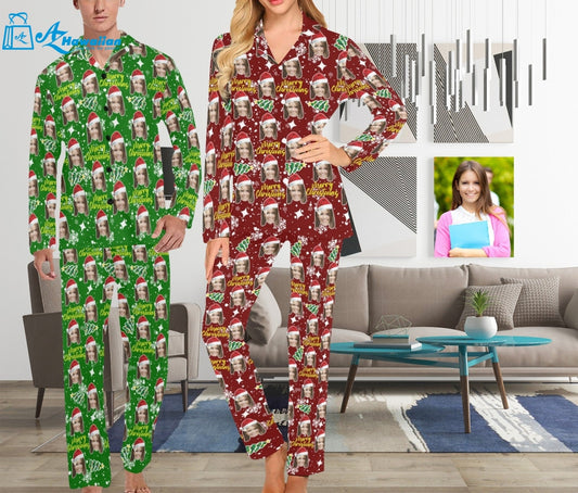 Customized Pajamas with Face Custom Christmas Women Men Long Pajama Set Loungewear Personalized Face Photo Sleepwear Gifts for Christmas