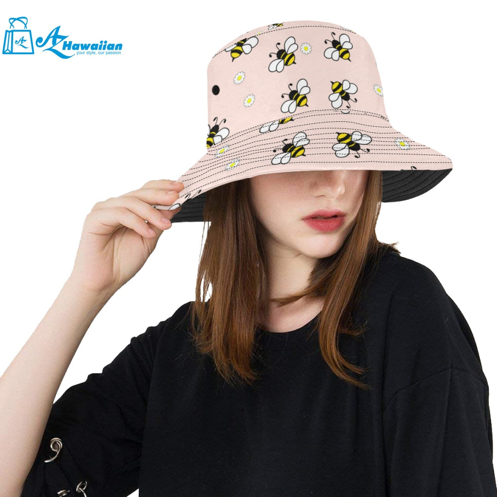 Cute bee flower pattern pink background Unisex Bucket Hat