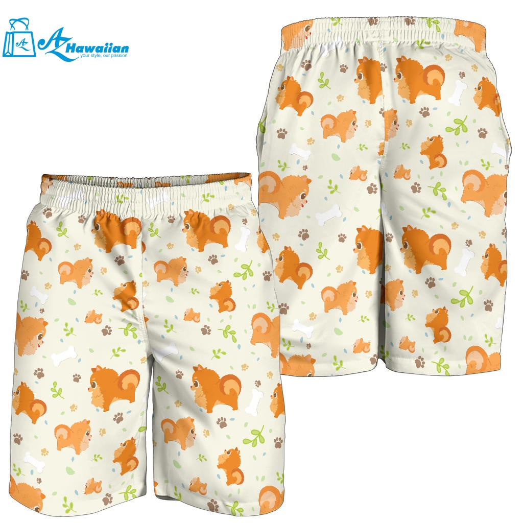 Cute Brown Pomeranian Paw Leave Bone Pattern Men Shorts