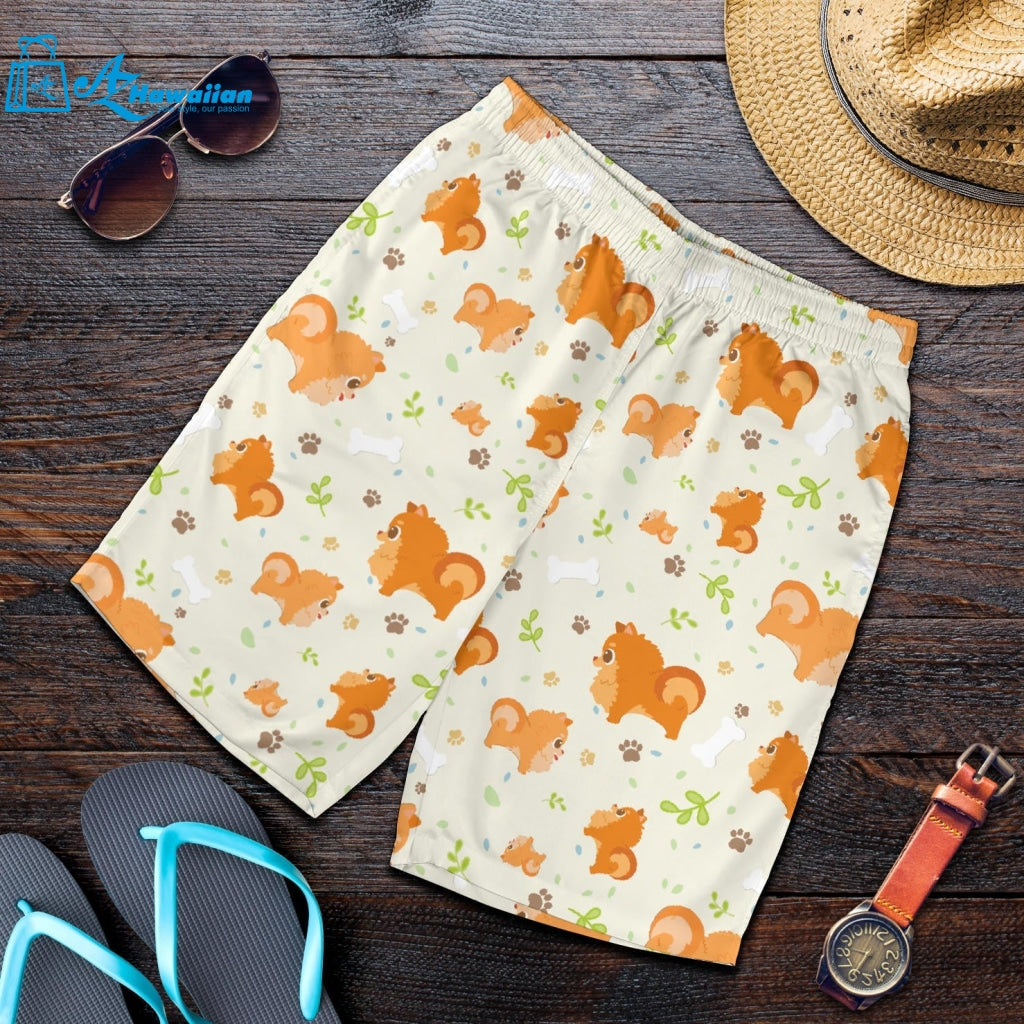 Cute Brown Pomeranian Paw Leave Bone Pattern Men Shorts