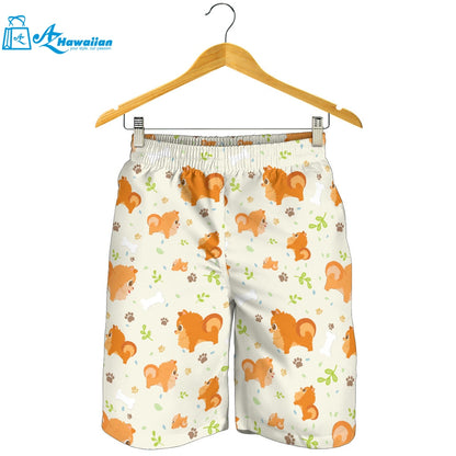 Cute Brown Pomeranian Paw Leave Bone Pattern Men Shorts