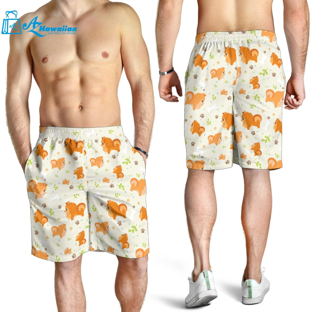 Cute Brown Pomeranian Paw Leave Bone Pattern Men Shorts