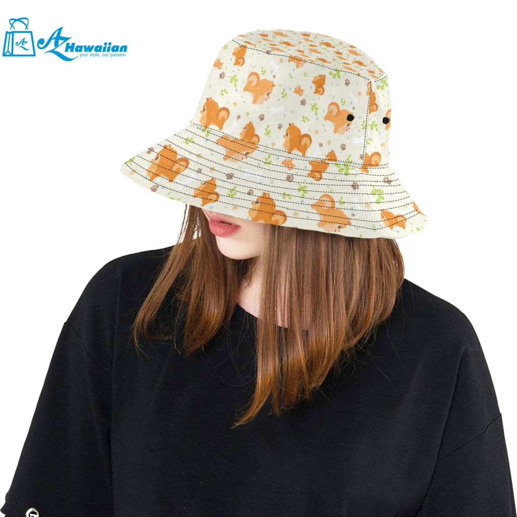 Cute brown pomeranian paw leave bone pattern Unisex Bucket Hat